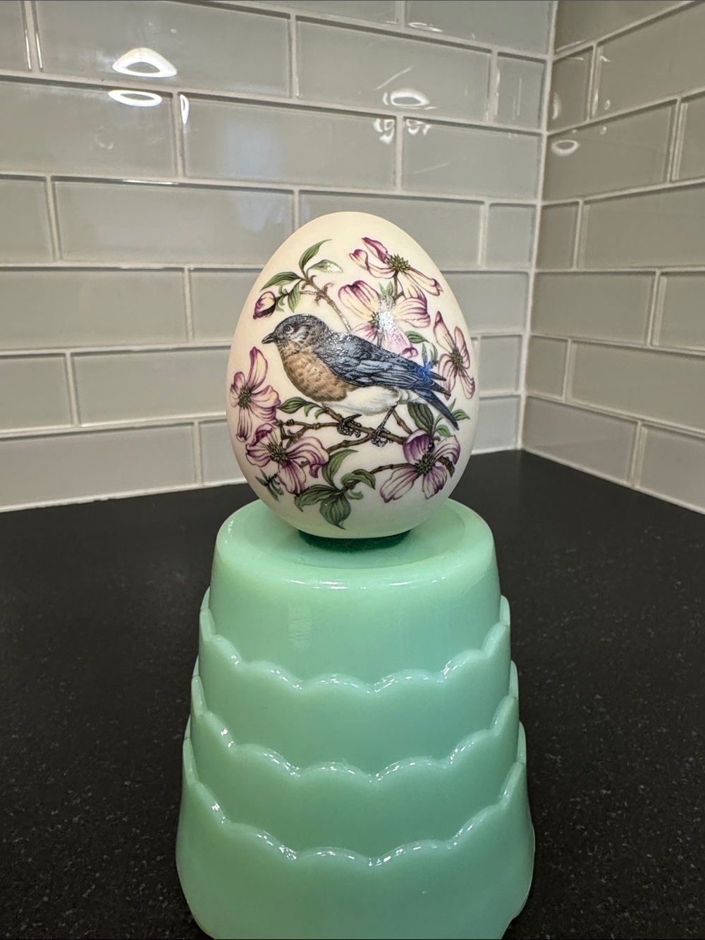 Ceramic Egg with Bird and Flower Appliqué